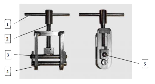 Schemat zaciskacza ręcznego DN16-DN32 z oznaczonymi elementami konstrukcji